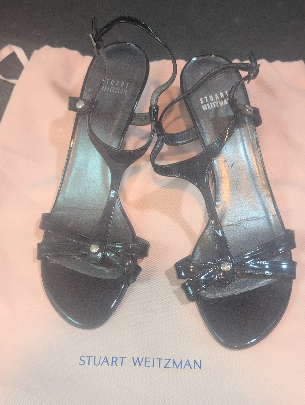Stuart Weitzman Black Patent T-Strap Heels with Stud Detail